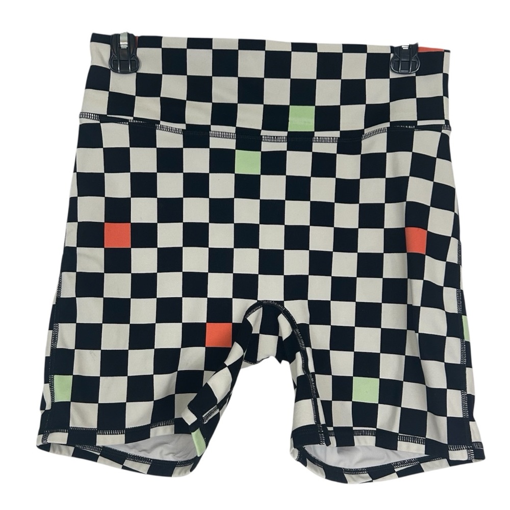4/$25 Fabletics Black and White Checkered Shorts with Red and Green Highlights